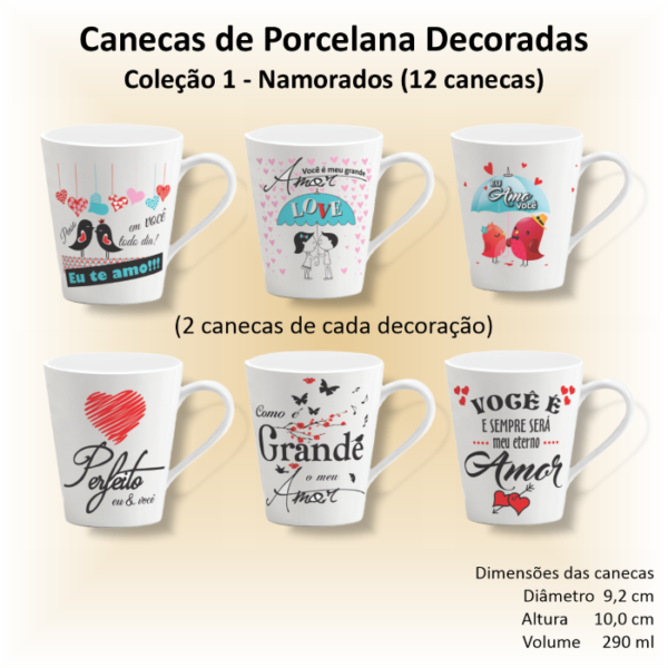 Canecas de porcelana brancas, cônicas, decoradas, 290 ml, xícara, café, chá, NAMORADOS - 12 canecas