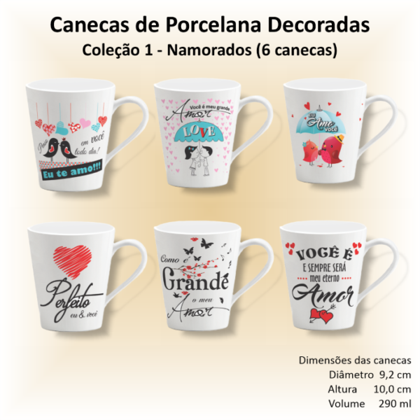 Canecas de porcelana brancas, cônicas, decoradas, 290 ml, xícara, café, chá, NAMORADOS - 6 canecas