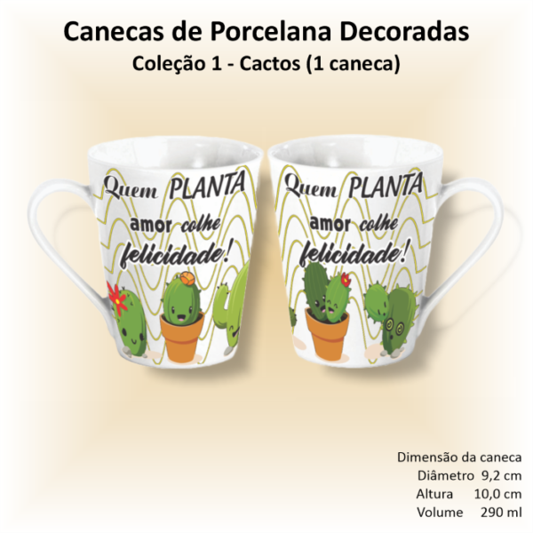 Caneca de porcelana branca, cônica, decorada, 290 ml, xícara, café, chá, CACTOS - 1 caneca