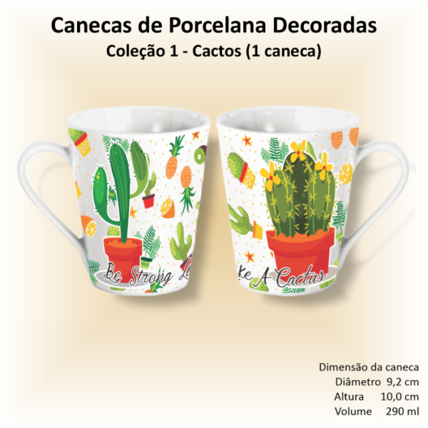 Caneca de porcelana branca, cônica, decorada, 290 ml, xícara, café, chá, CACTOS - 1 caneca