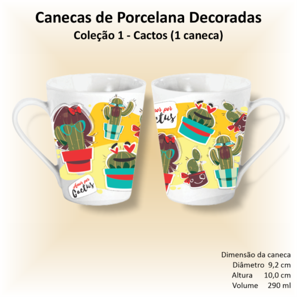 Caneca de porcelana decorada, 290 ml, xícara, café, chá, Col1-CACTOS - 1 caneca