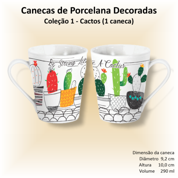Caneca de porcelana branca, cônica, decorada, 290 ml, xícara, café, chá, CACTOS - 1 caneca