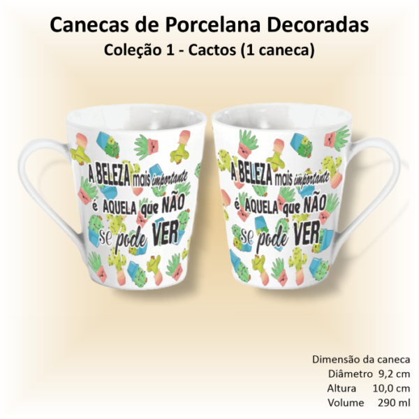Caneca de porcelana decorada, 290 ml, xícara, café, chá, Col1-CACTOS - 1 caneca