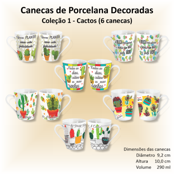 Canecas de porcelana brancas, cônicas, decoradas, 290 ml, xícara, café, chá, CACTOS - 6 canecas