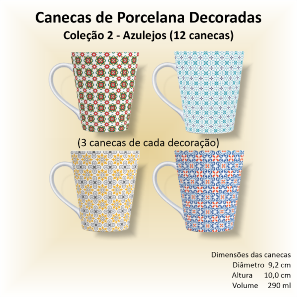 Canecas de porcelana brancas, cônicas, decoradas, 290 ml, xícara, café, chá, AZULEJOS - 12 canecas