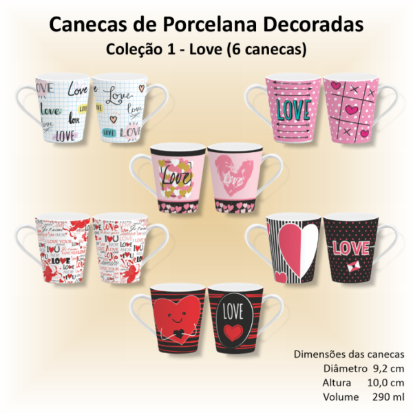 Canecas de porcelana brancas, cônicas, decoradas, 290 ml - AMOR - 6 canecas