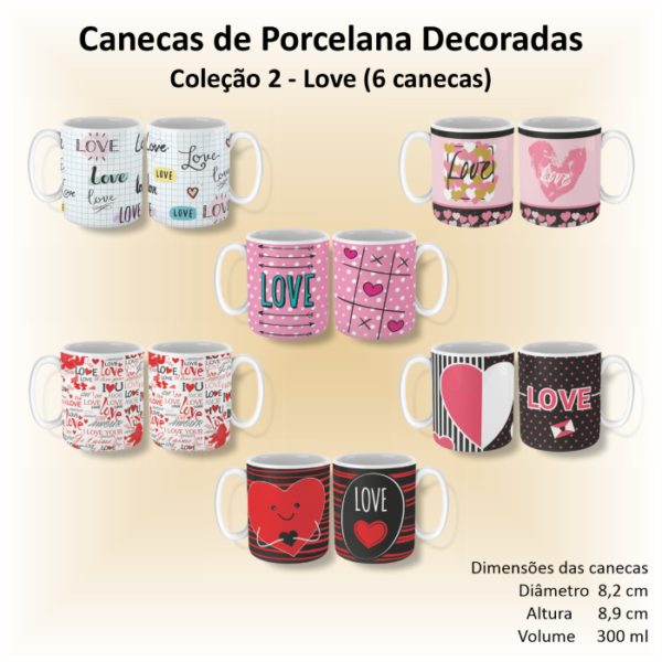 Canecas de porcelana decoradas, 300 ml, xícara, café, chá, Col2-AMOR - 6 canecas