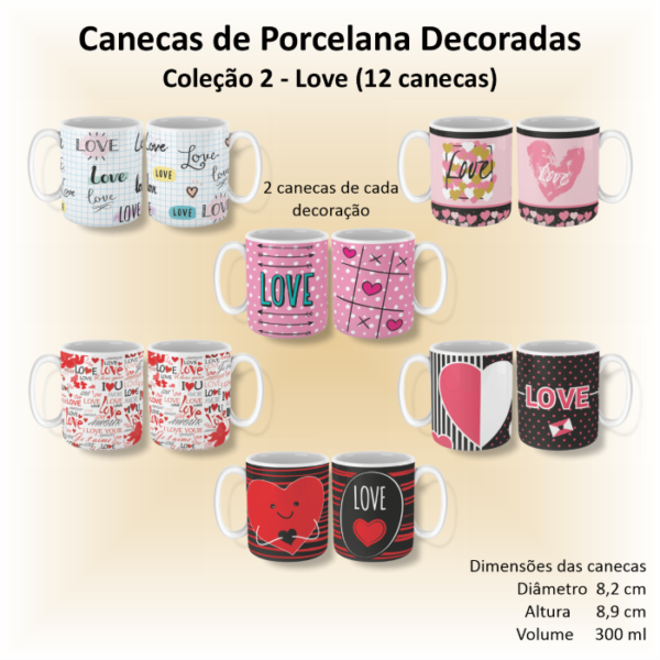 Canecas de porcelana decoradas, 300 ml, xícara, café, chá, Col2-AMOR - 12 canecas