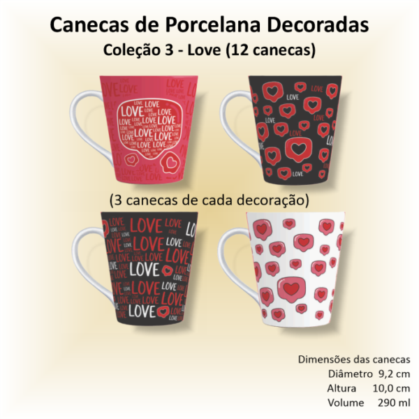 Canecas de porcelana brancas, cônicas, decoradas, 290 ml - AMOR - 12 canecas