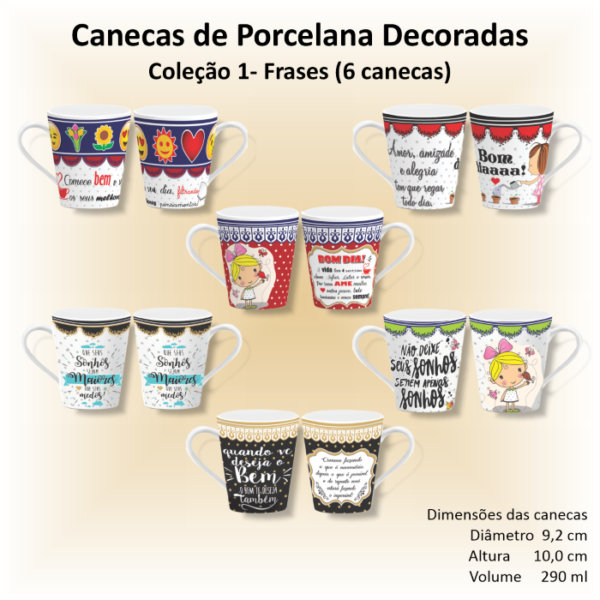 Canecas de porcelana brancas, decoradas, cônicas, 290 ml, FRASES - 6 canecas