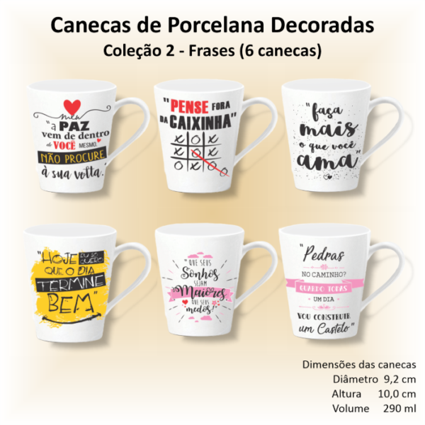 Canecas de porcelana brancas, decoradas, cônicas, 290 ml, FRASES - 6 canecas