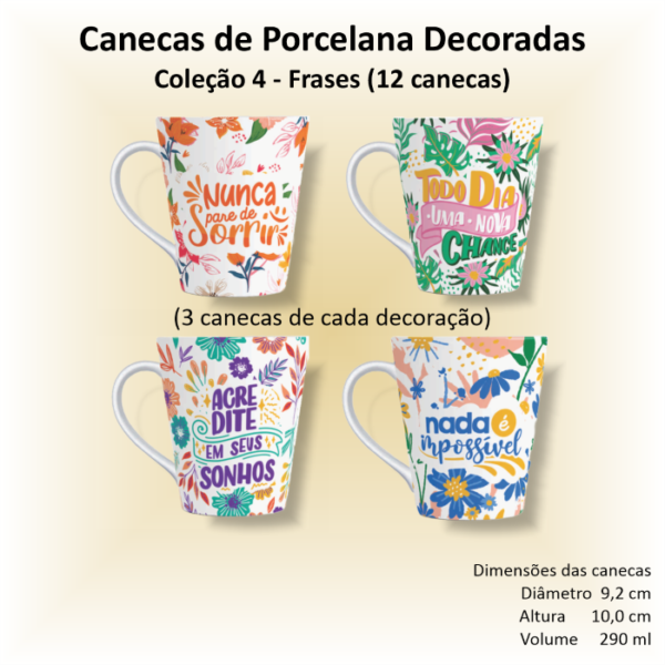 Canecas de porcelana brancas, decoradas, cônicas, 290 ml, FRASES - 12 canecas