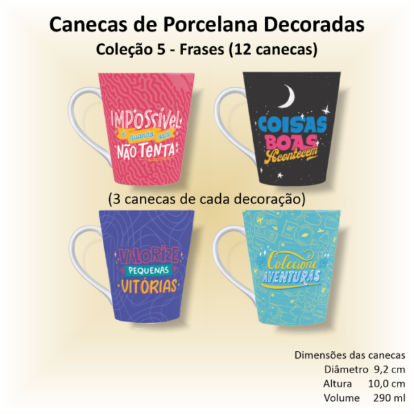 Canecas de porcelana brancas, decoradas, cônicas, 290 ml, FRASES - 12 canecas