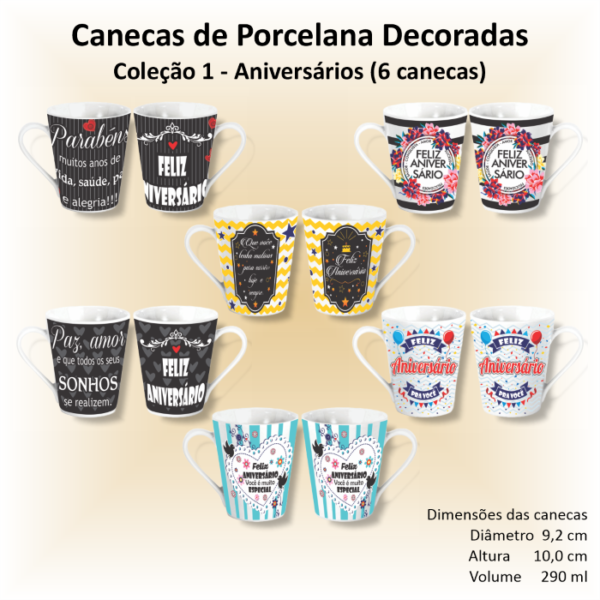 Canecas de porcelana brancas, cônicas, decoradas, 290 ml, xícara, café, chá, ANIVERSÁRIOS - 6 canecas