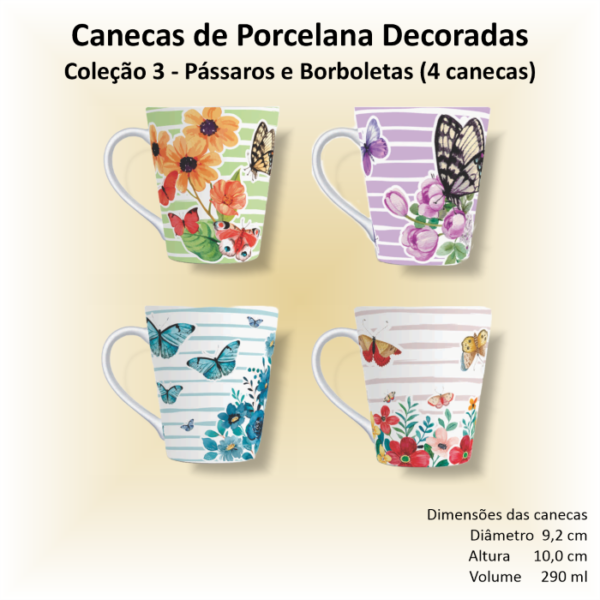 Canecas de porcelana brancas, decoradas, cônicas, 290 ml, PÁSSAROS E BORBOLETAS - 4 canecas