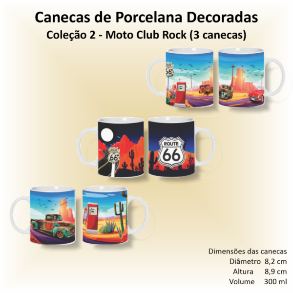 Canecas de porcelana decoradas - Coleção 02 - MOTO CLUB ROCK - 3 canecas