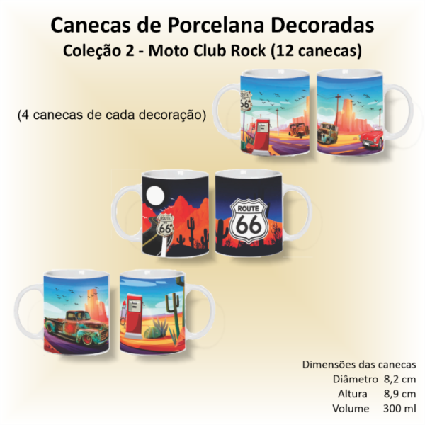Canecas de porcelana decoradas, 300 ml, xícara, café, chá, Col2-MOTO-CLUB-ROCK - 12 canecas