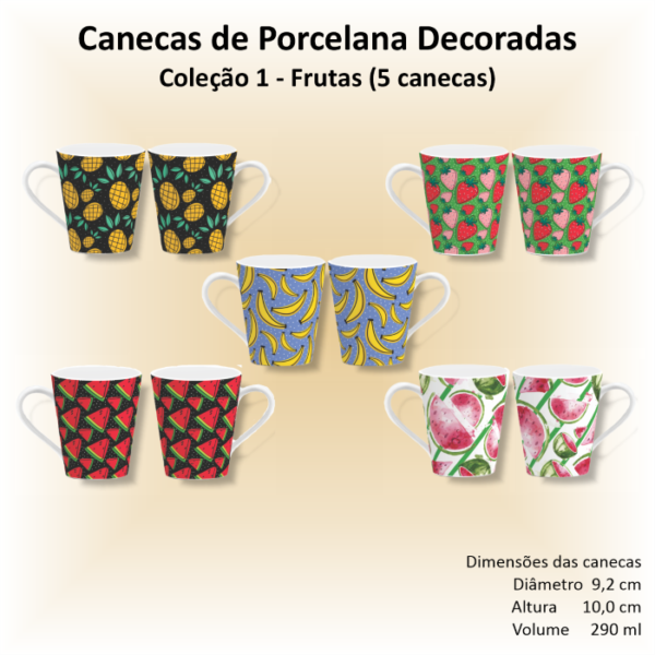 Canecas de porcelana brancas, decoradas, cônicas, 290 ml, xícara, café, chá, FRUTAS - 5 canecas