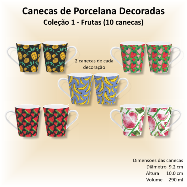Canecas de porcelana brancas, decoradas, cônicas, 290 ml, xícara, café, chá, FRUTAS - 10 canecas