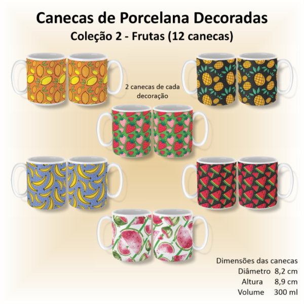 Canecas de porcelana decoradas, 300 ml, xícara, café, chá, Col2-FRUTAS - 12 canecas