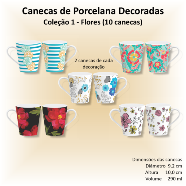 Canecas de porcelana brancas, decoradas, cônicas, 290 ml, xícara, café, chá - FLORES-FOLHAGENS - 10 canecas