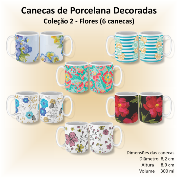 Canecas de porcelana brancas, retas, decoradas, 300 ml, xícara, café, chá - FLORES-FOLHAGENS-6 canecas