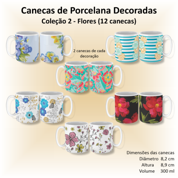 Canecas de porcelana brancas, retas, decoradas, 300 ml, xícara, café, chá - FLORES-FOLHAGENS-12 canecas