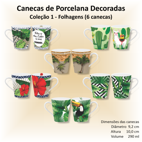 Canecas de porcelana brancas, decoradas, cônicas, 290 ml, xícara, café, chá - FLORES-FOLHAGENS - 6 canecas