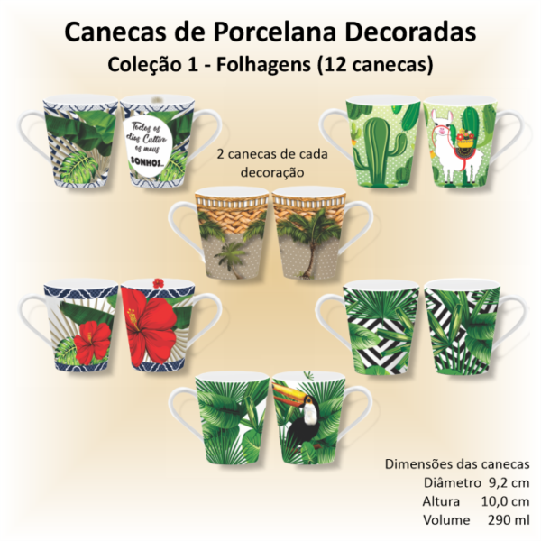 Canecas de porcelana brancas, decoradas, cônicas, 290 ml, xícara, café, chá - FLORES-FOLHAGENS - 12 canecas