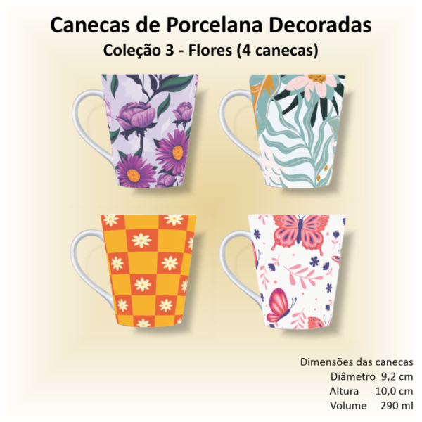 Canecas de porcelana brancas, decoradas, cônicas, 290 ml, xícara, café, chá - FLORES-FOLHAGENS - 4 canecas