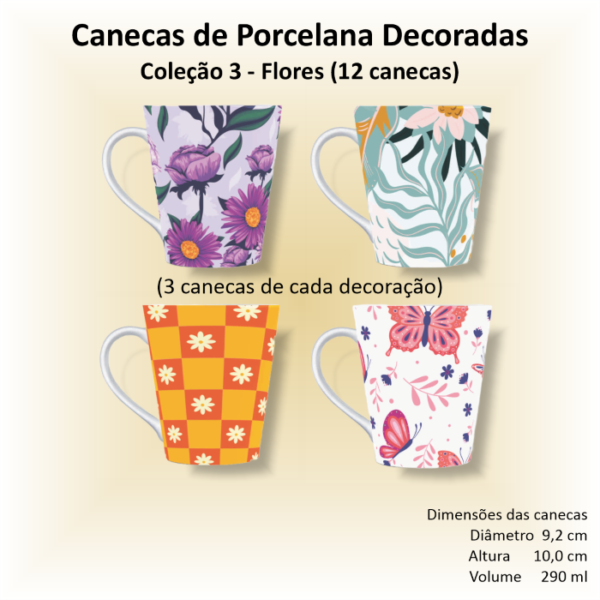 Canecas de porcelana brancas, decoradas, cônicas, 290 ml, xícara, café, chá - FLORES-FOLHAGENS - 12 canecas