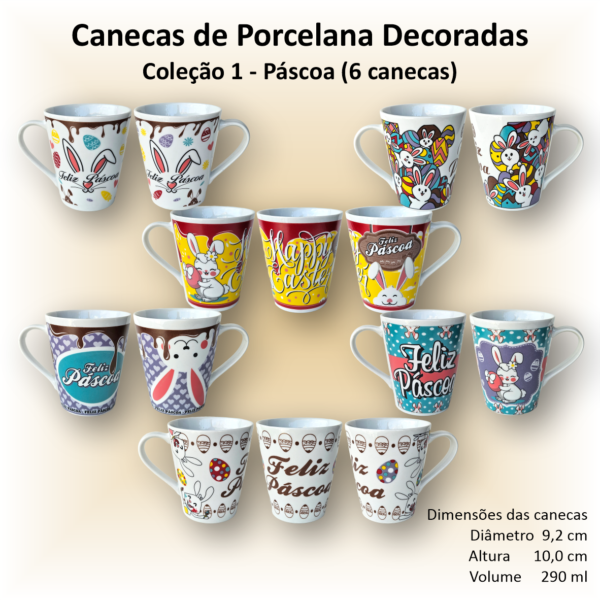 Canecas de porcelana brancas, cônicas, decoradas, 290 ml, xícara, café, chá, PÁSCOA - 6 canecas