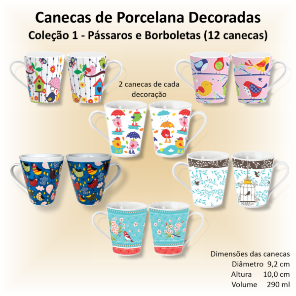 Canecas de porcelana brancas, decoradas, cônicas, 290 ml, xícara, café, chá, Col1-PÁSSAROS-BORBOLETAS - 12 canecas