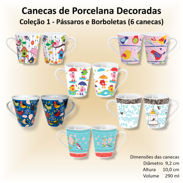 Canecas de porcelana brancas, decoradas, cônicas, 290 ml, xícara, café, chá, Col1-PÁSSAROS-BORBOLETAS - 6 canecas