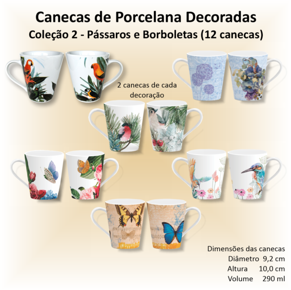 Canecas de porcelana brancas, decoradas, cônicas, 290 ml, PÁSSAROS-BORBOLETAS - 12 canecas