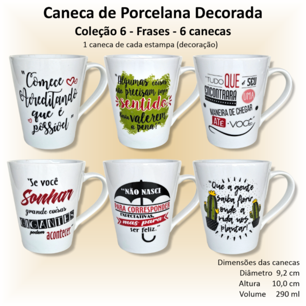 Canecas de porcelana decoradas, 290 ml, xícara, café, chá, Col6-FRASES - 6 canecas
