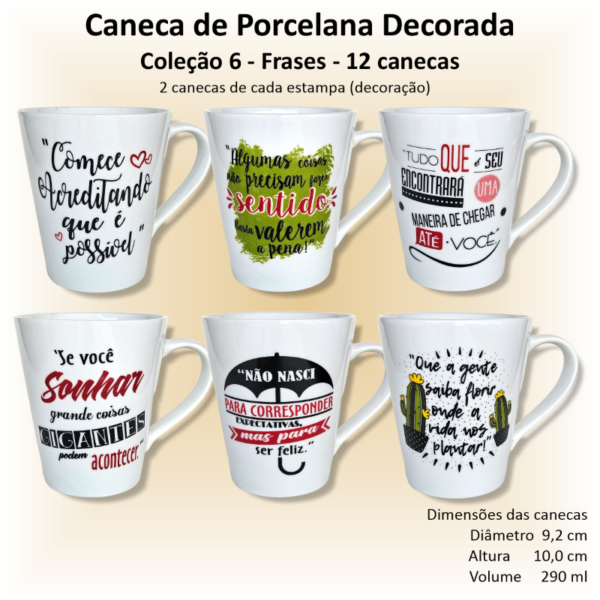 Canecas de porcelana decoradas, 290 ml, xícara, café, chá, Col6-FRASES - 12 canecas