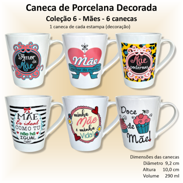 Canecas de porcelana decoradas, 290 ml, xícara, café, chá, Col6-MÃES - 6 canecas
