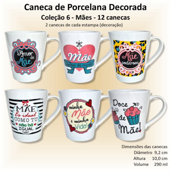 Canecas de porcelana decoradas, 290 ml, xícara, café, chá, Col6-MÃES - 12 canecas