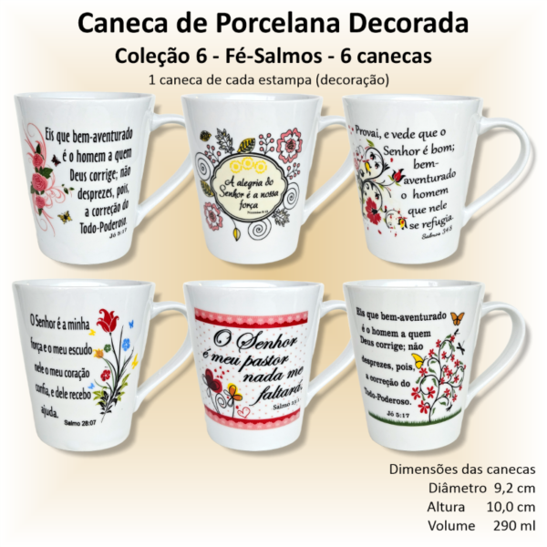 Canecas de porcelana decoradas, 290 ml, xícara, café, chá, Col6-FÉ-SALMOS - 6 canecas
