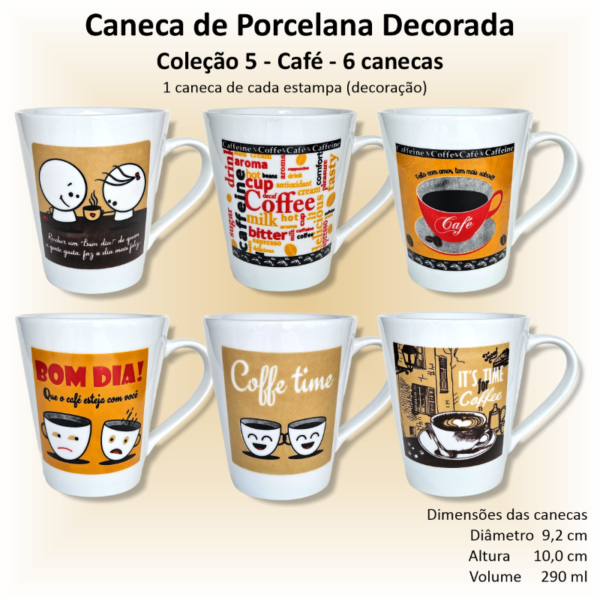 Canecas de porcelana decoradas, 290 ml, xicara, café, chá, Col5-CAFÉ - 6 canecas