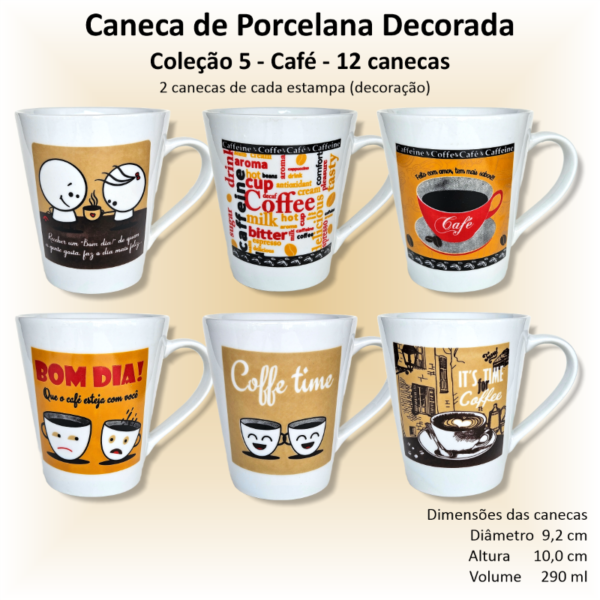 Canecas de porcelana decoradas, 290 ml, xicara, café, chá, Col5-CAFÉ - 12 canecas