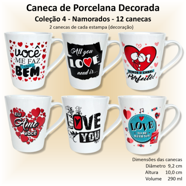 Canecas de porcelana decoradas, 290 ml, xícara, café, chá, Col4-NAMORADOS - 12 canecas
