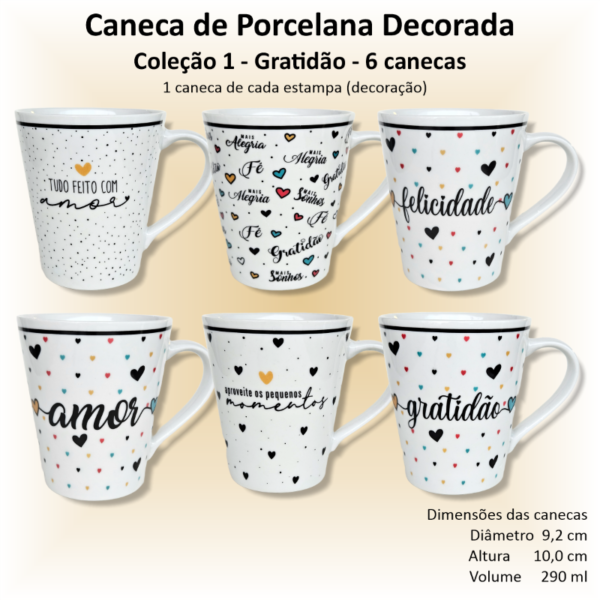 Canecas de porcelana decoradas, 290 ml, xícara, café, chá, Col1-GRATIDÃO - 6 canecas