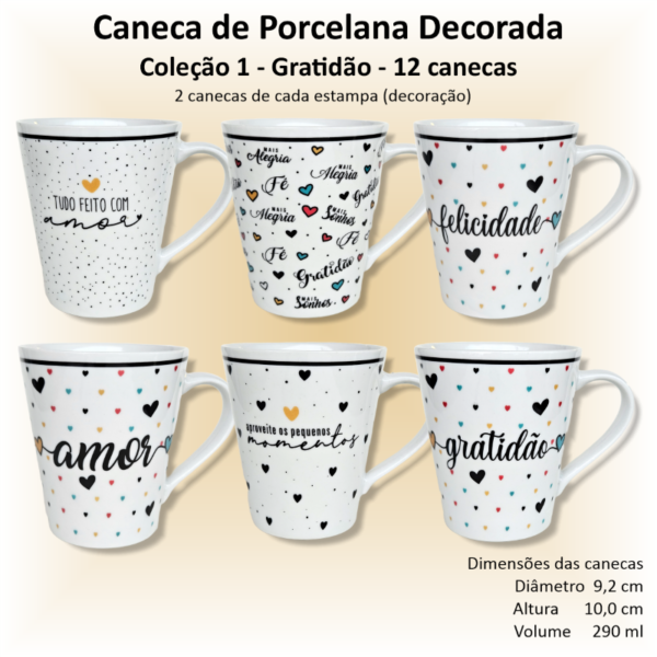 Canecas de porcelana decoradas, 290 ml, xícara, café, chá, Col1-GRATIDÃO - 12 canecas