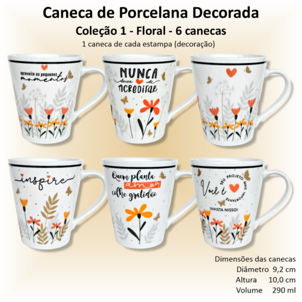 Canecas de porcelana decoradas, 290 ml, xícara, café, chá, Col1-FLORAL - 6 canecas