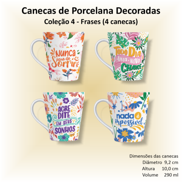 Canecas de porcelana brancas, decoradas, cônicas, 290 ml, FRASES - 4 canecas - Image 2