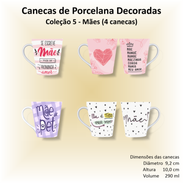 Canecas de porcelana brancas, cônicas, decoradas, 290 ml, xícara, café, chá, MÃES - 4 canecas - Image 2