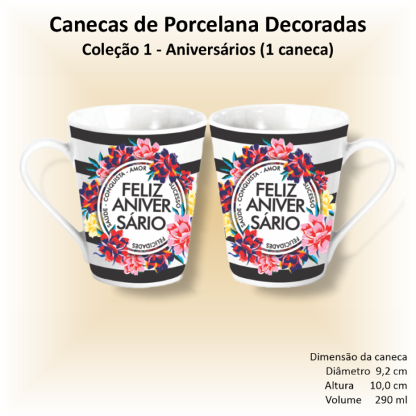 Caneca de porcelana branca, cônica, decorada, 290 ml, xícara, café, chá, ANIVERSÁRIOS - 1 caneca - Image 2