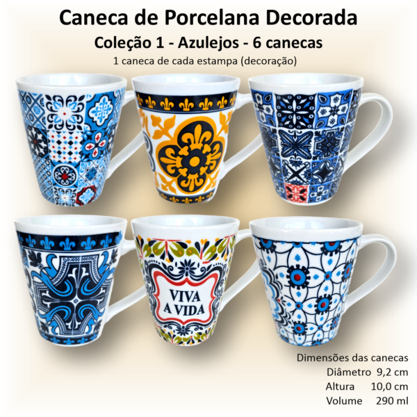 Canecas de porcelana brancas, cônicas, decoradas, 290 ml, xícara, café, chá, AZULEJOS - 6 canecas